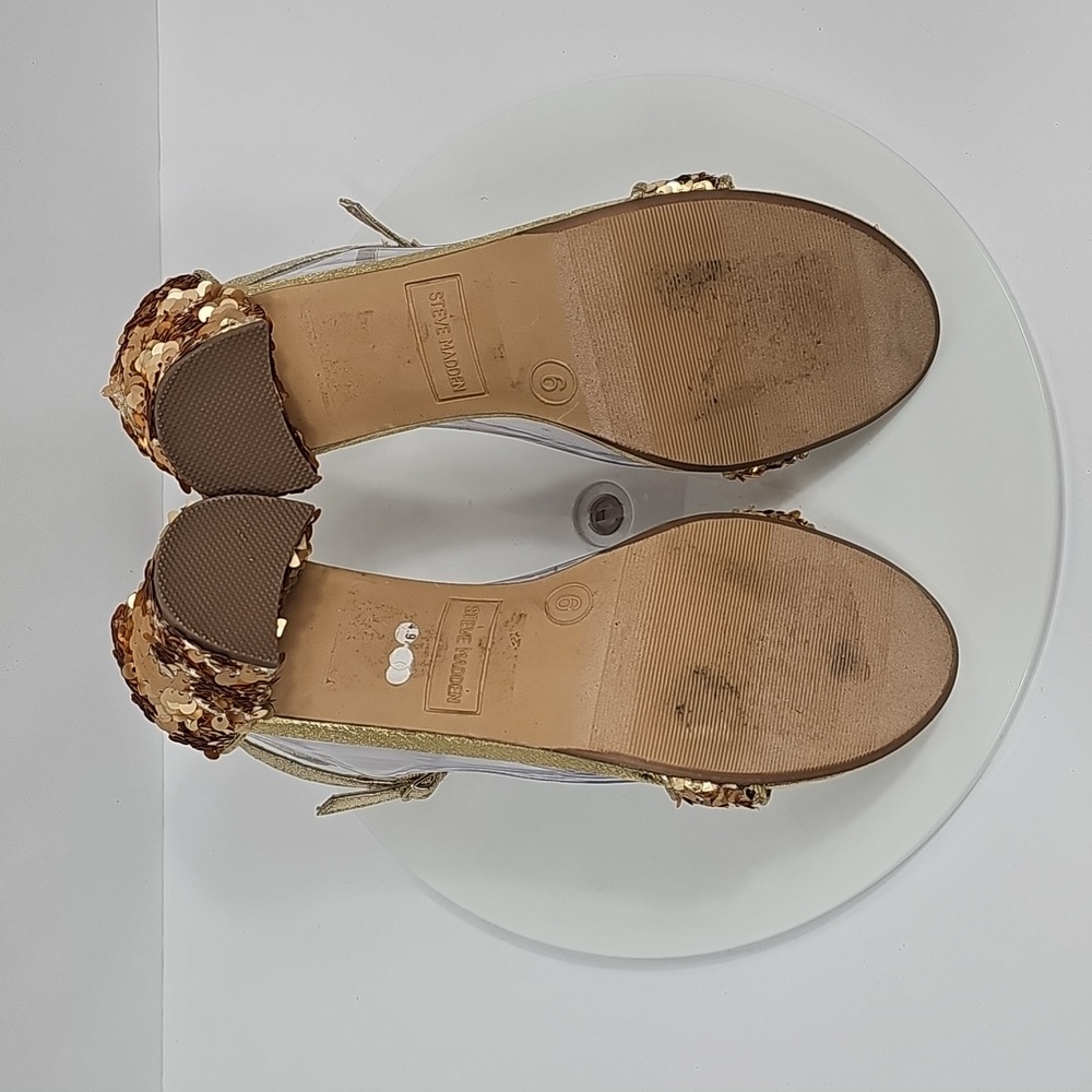 Steve Madden Carrson Sequin Block Heel Sandals 6 Gold Ankle Strap Formal Dress - Picture 11 of 14